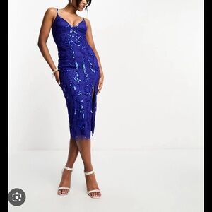 Starlet Embellished Midi Dress with Placement in Cobalt Blue